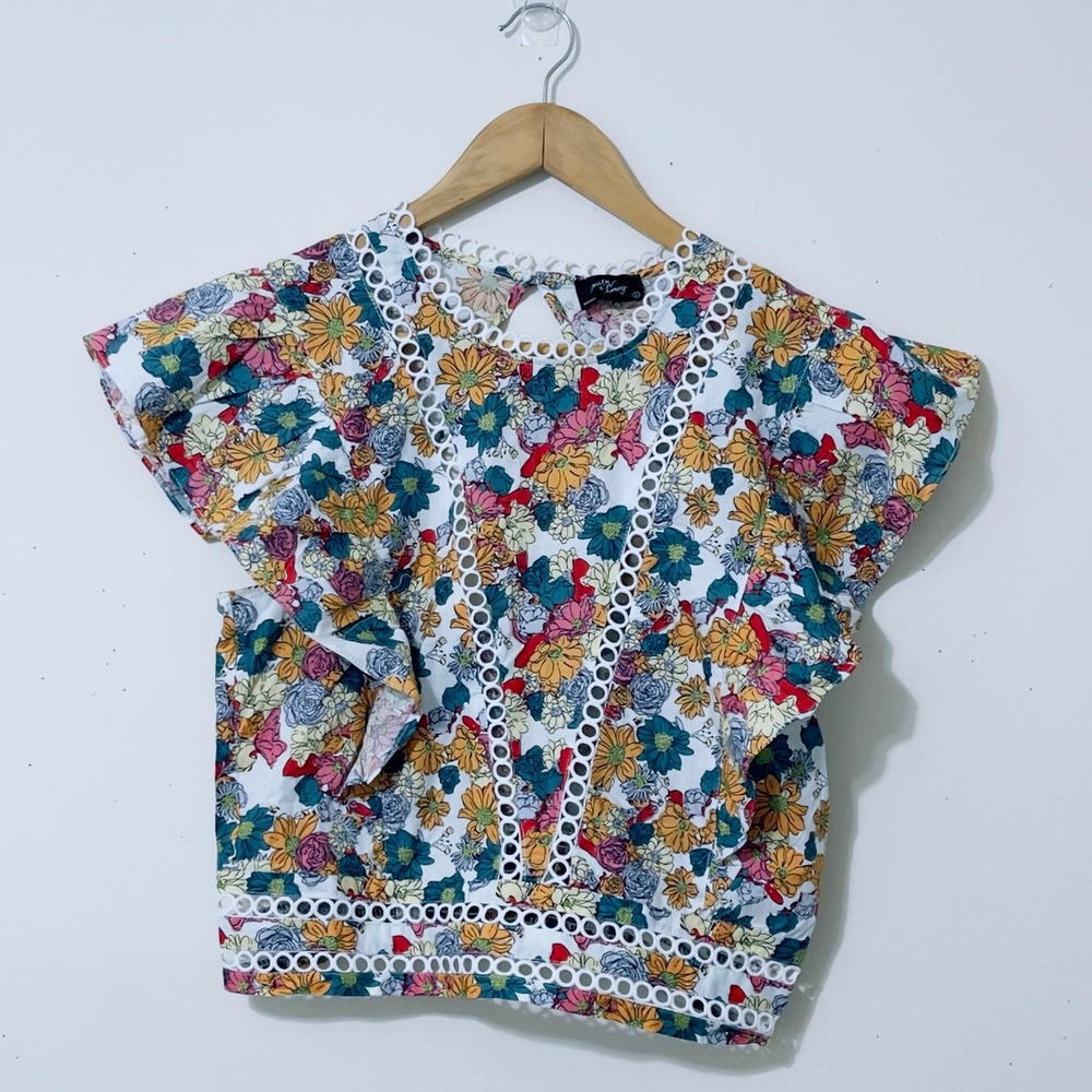 Milk & Honey Floral Eyelet Ruffle Crop Top Large Multicolor Cottagecore Boho